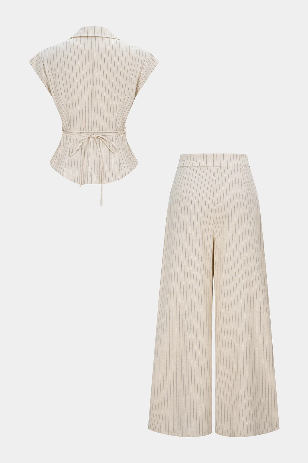 Stripes Print Linen Notched Lapel Tie Back Blazer And Wide Leg Pants Set - Image 2