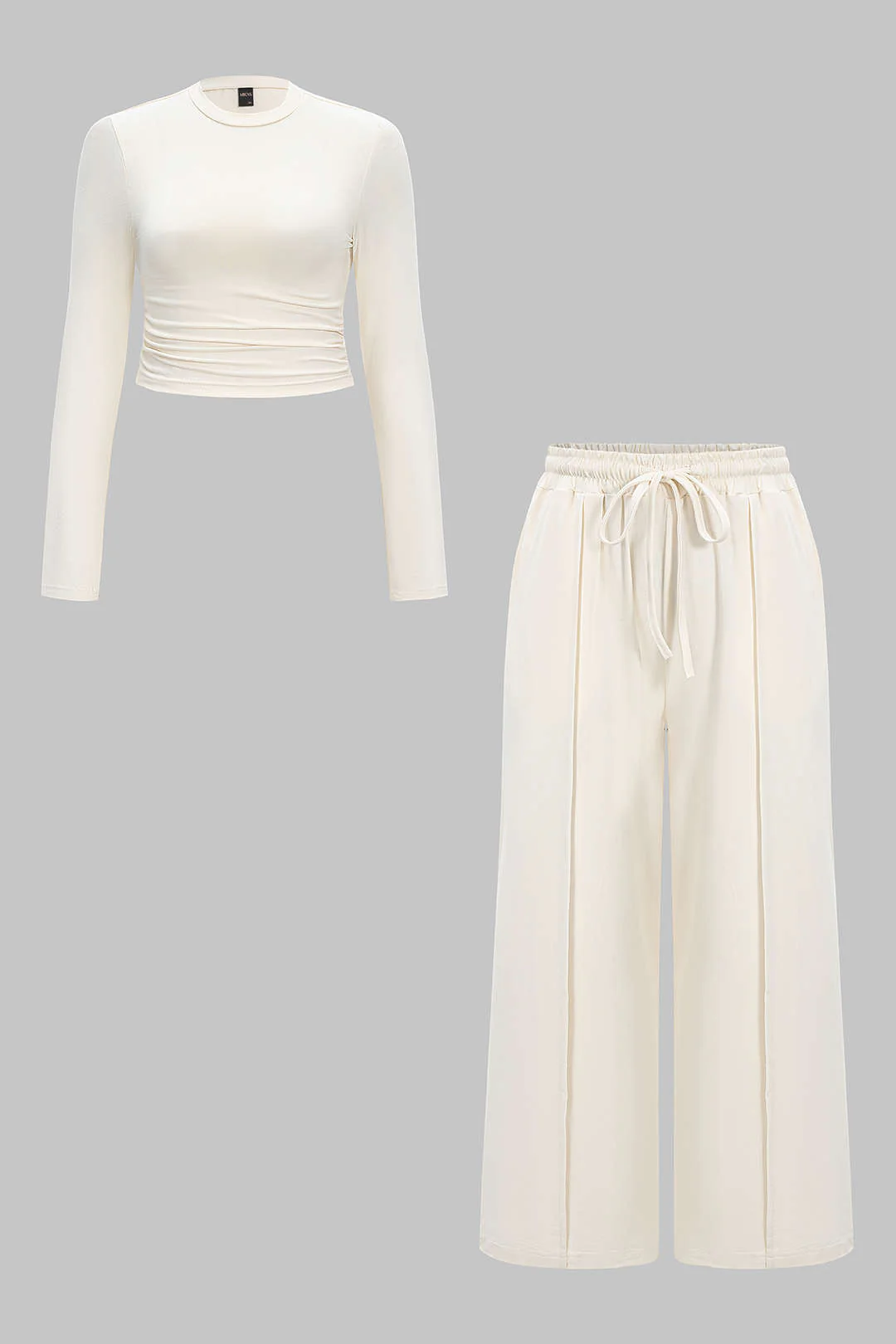 Plus Size Ruched Long Sleeve Cropped Top And Drawstring Wide Leg Pants Set