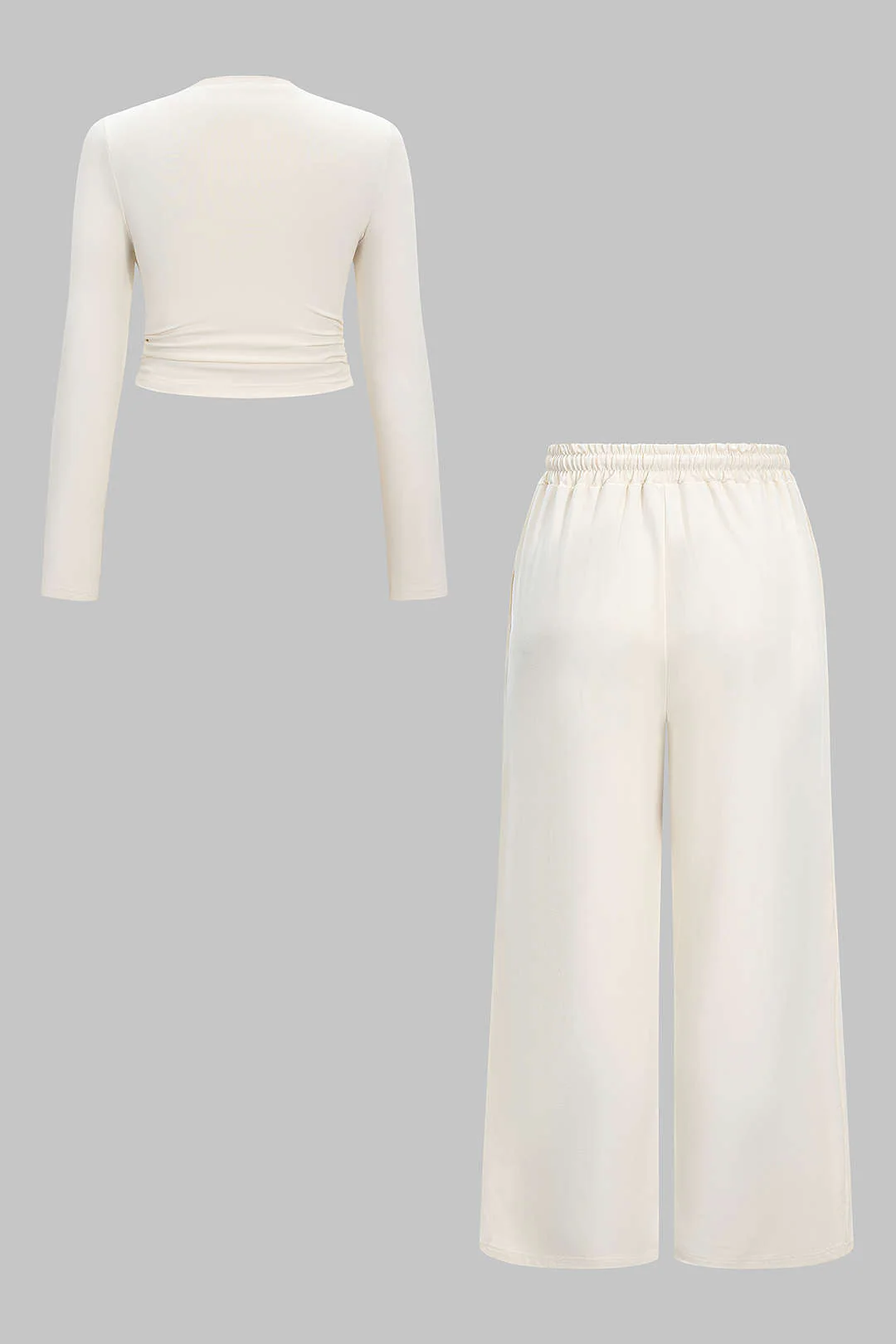 Plus Size Ruched Long Sleeve Cropped Top And Drawstring Wide Leg Pants Set - Image 2