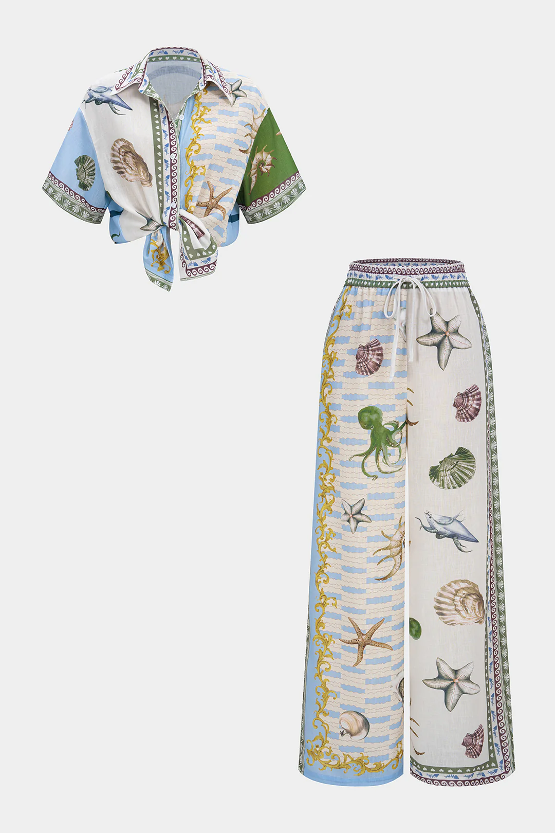 Ocean Print Satin Button Short Sleeve Shirt And Shirred Waistband Wide Leg Pants Set