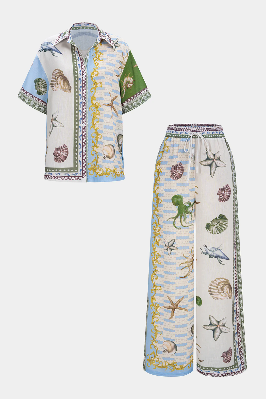 Ocean Print Satin Button Short Sleeve Shirt And Shirred Waistband Wide Leg Pants Set - Image 2