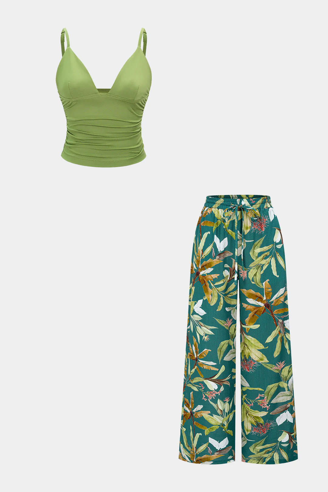 V-Neck Ruched Cami Top And Leaves Print Tie-Up Wide Leg Pants Set