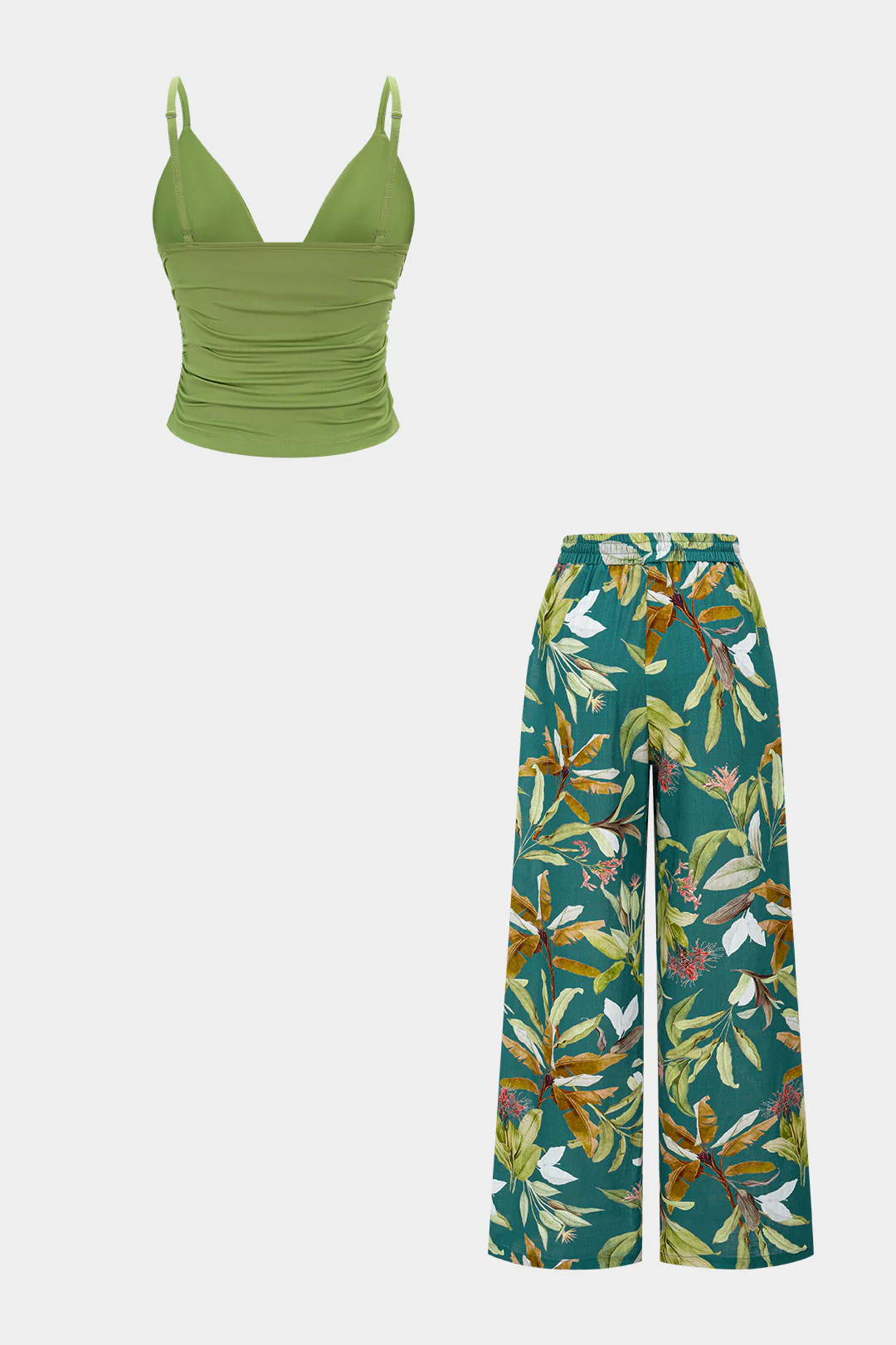 V-Neck Ruched Cami Top And Leaves Print Tie-Up Wide Leg Pants Set - Image 2