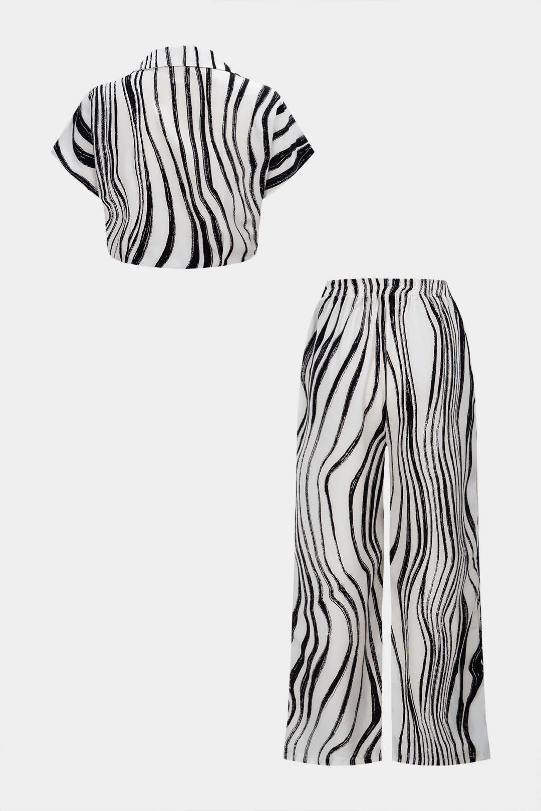 Contrast Stripes Print Button Shirt And Wide Leg Pants Set - Image 2