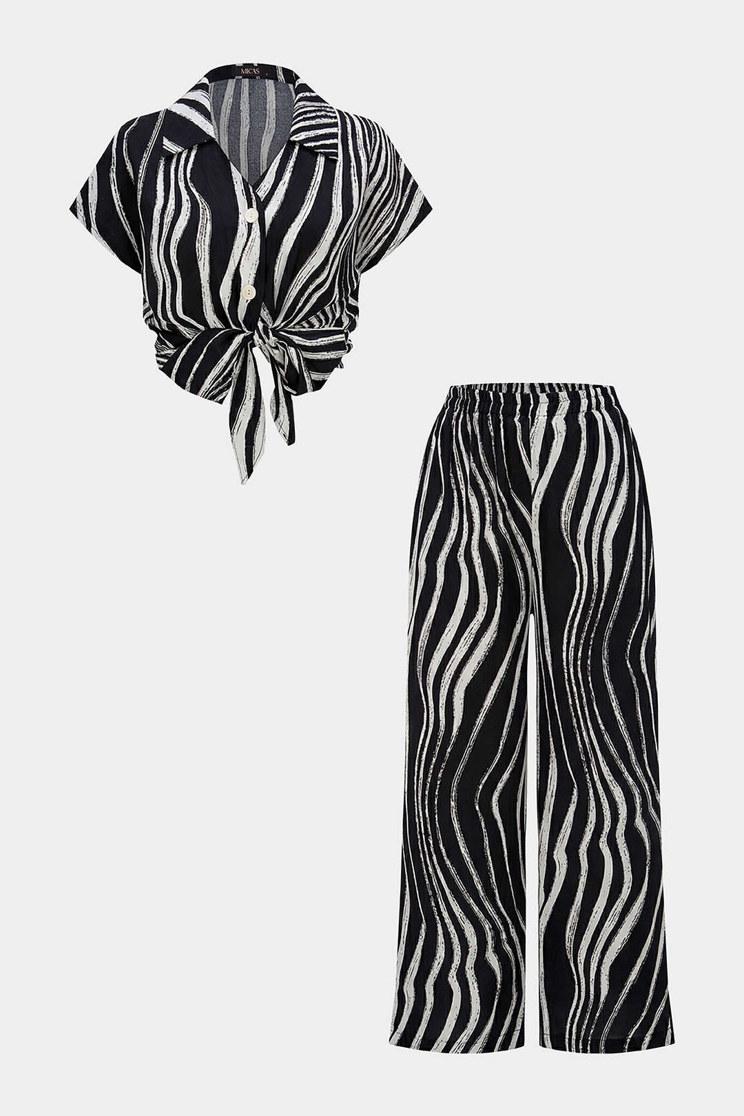 Contrast Stripes Print Button Shirt And Wide Leg Pants Set - Image 6