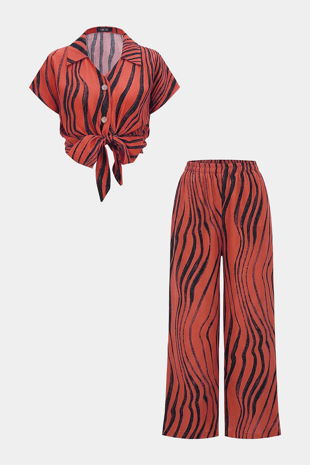 Contrast Stripes Print Button Shirt And Wide Leg Pants Set - Image 7