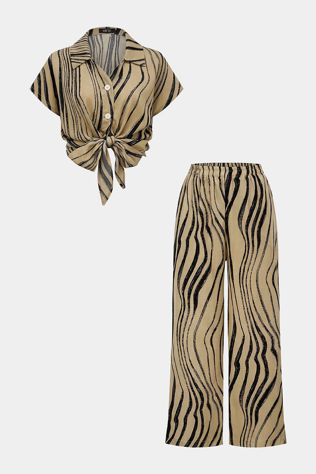 Contrast Stripes Print Button Shirt And Wide Leg Pants Set - Image 8
