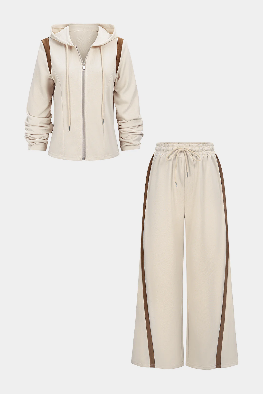 Contrast Hooded Zipper Sweatshirt And Shirred Waistband Drawstring Pants Set