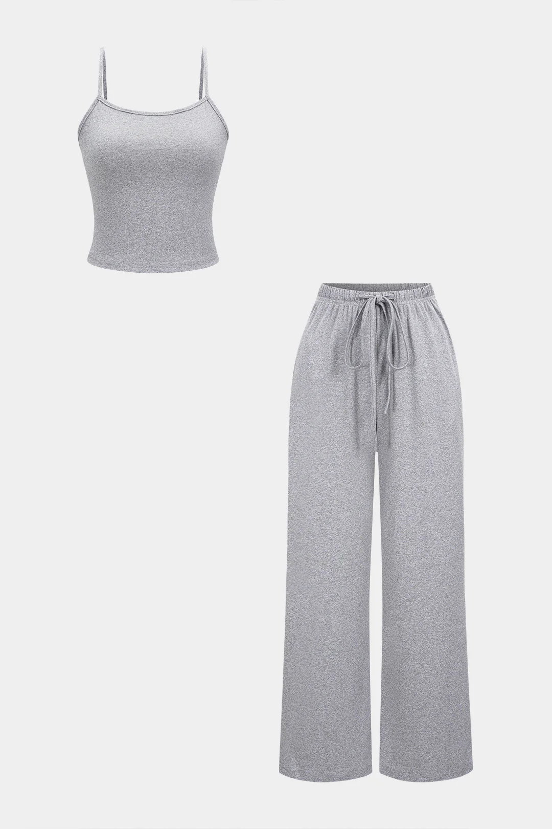 Solid Basic Cropped Cami Top And Drawstring Wide Leg Pants Set