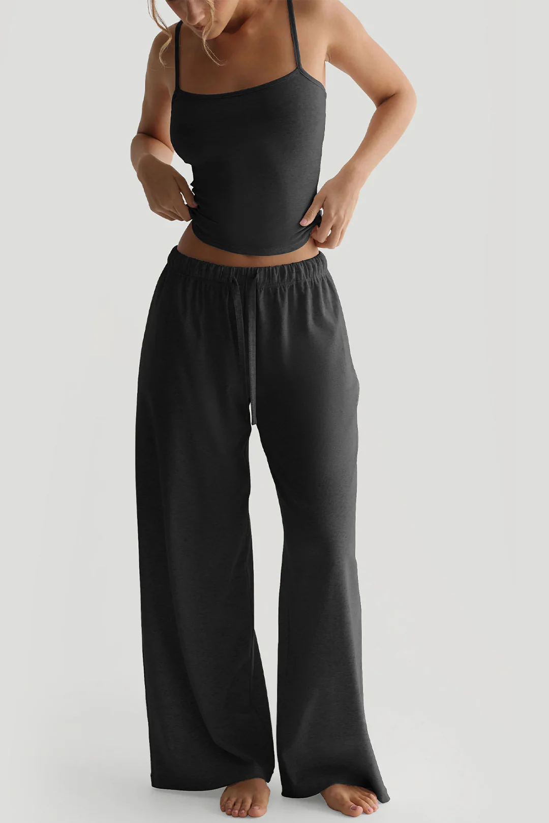 Solid Basic Cropped Cami Top And Drawstring Wide Leg Pants Set - Image 5