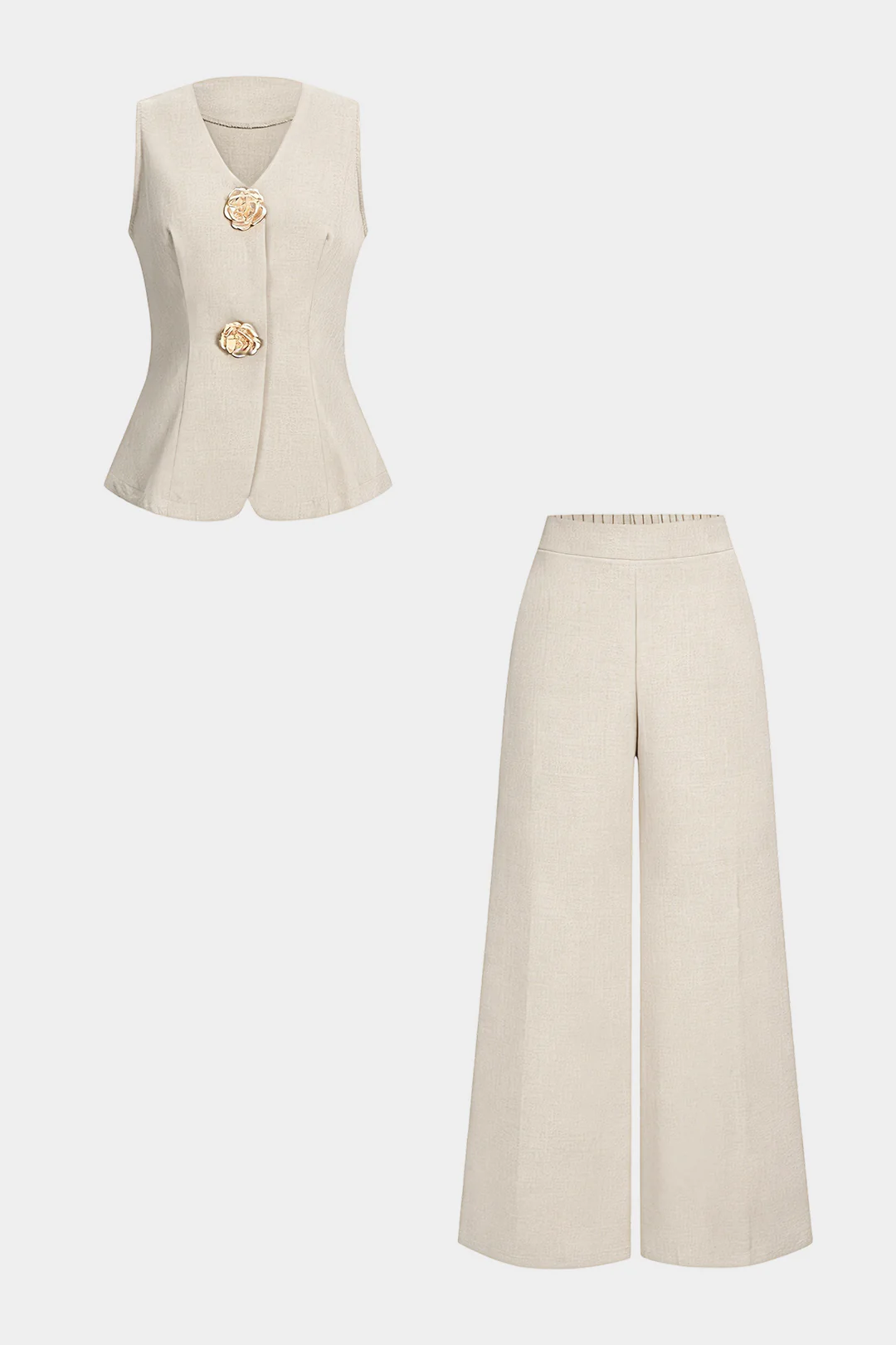 V-Neck Metallic Vest And Straight Leg Pants Set - Image 3