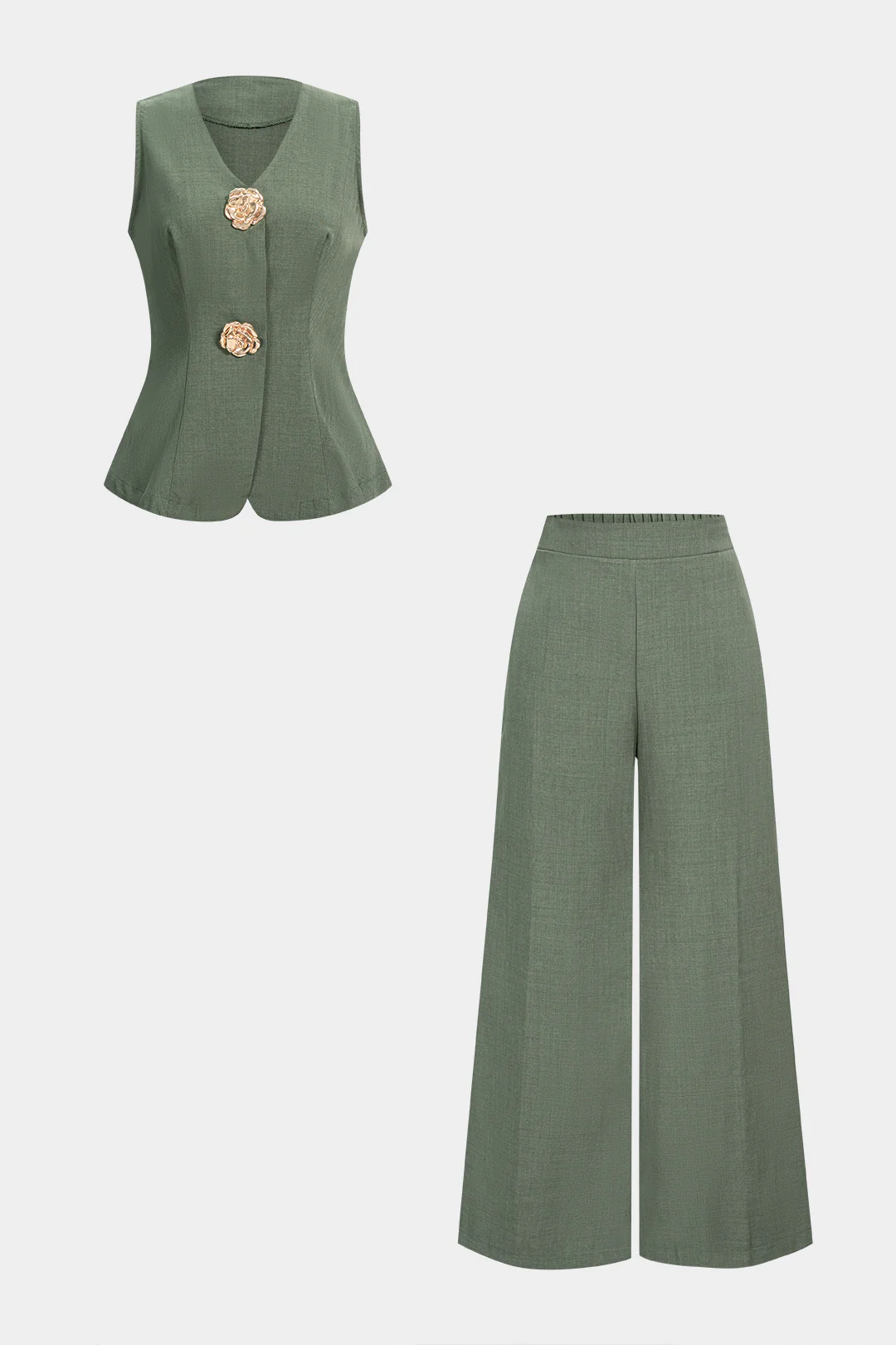 V-Neck Metallic Vest And Straight Leg Pants Set - Image 4