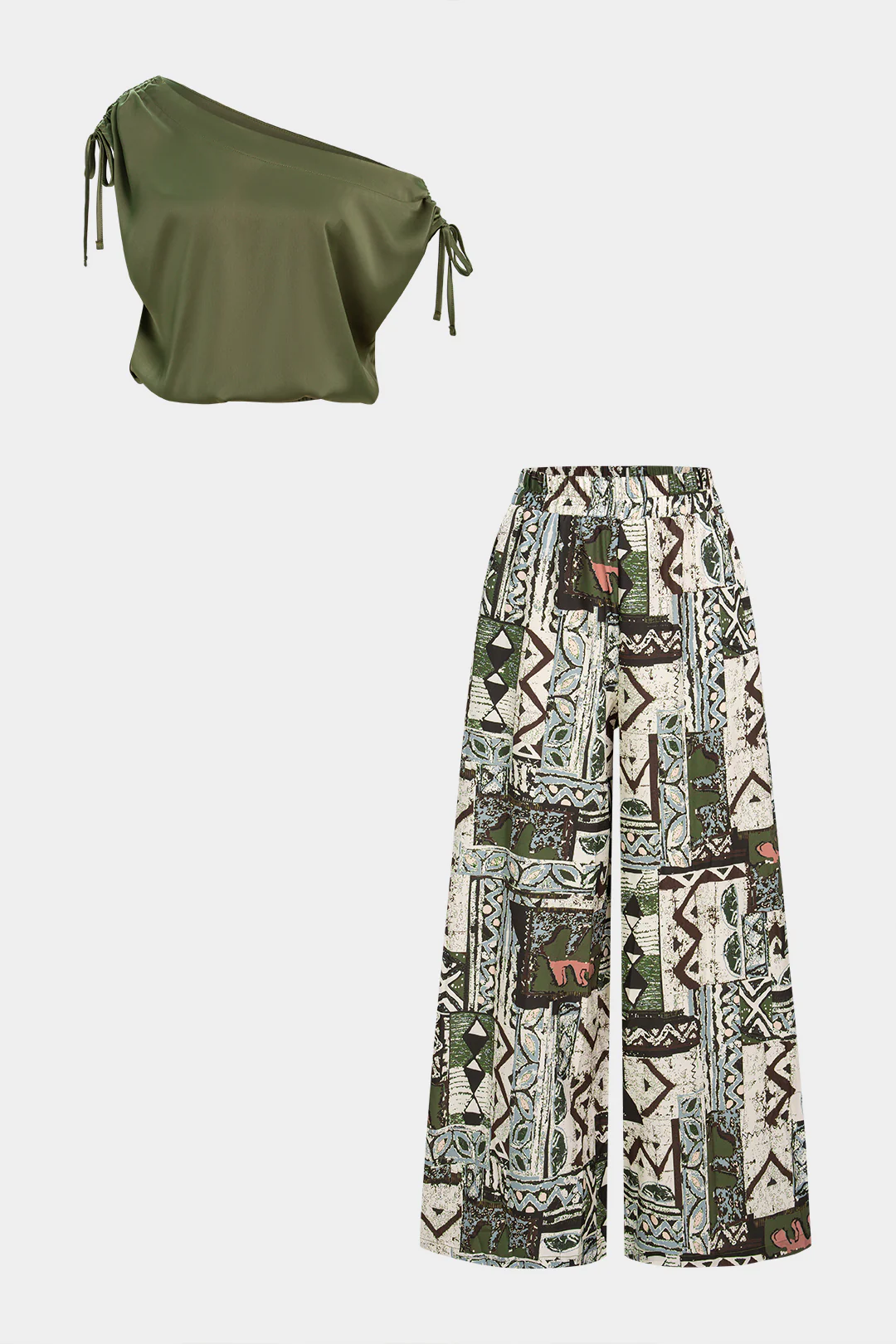 Satin One Shoulder Tie-Up Sleeveless Top And Geometric Print Wide-Leg Pants Set