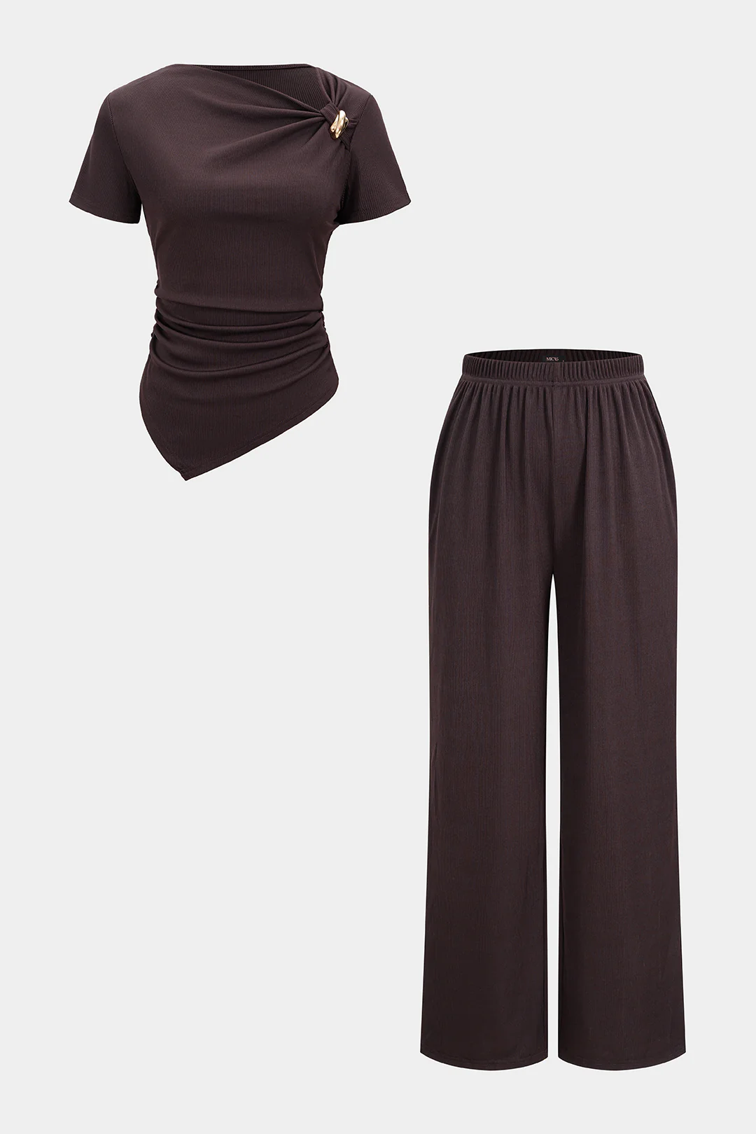 Metallic Asymmetrical Metallic Short Sleeve Top And Straight Leg Pants Set