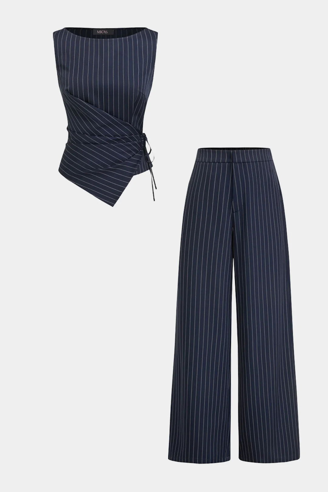 Stripes Asymmetrical Wrap Tie-Up Tank Top And Wide Leg Pants Set