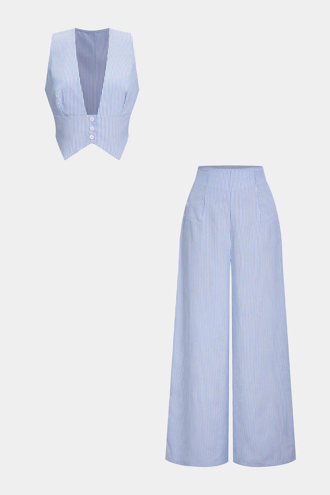 Striped Deep V-Neck Button Vest And High Waist Wide-Leg Pants Set