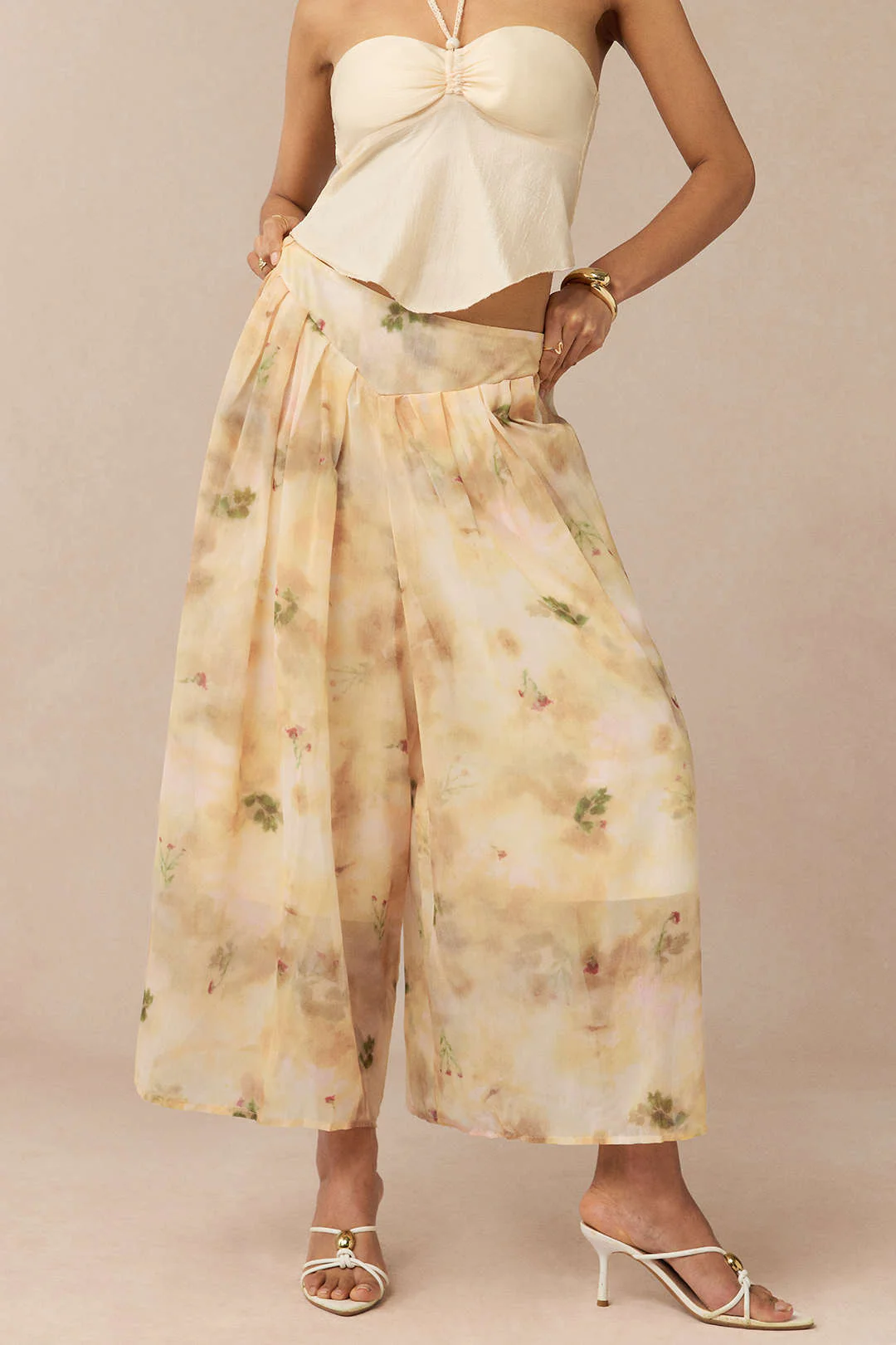 Halter Neck Tie Back Cami Top And Floral Print Wide Leg Pants - Image 4