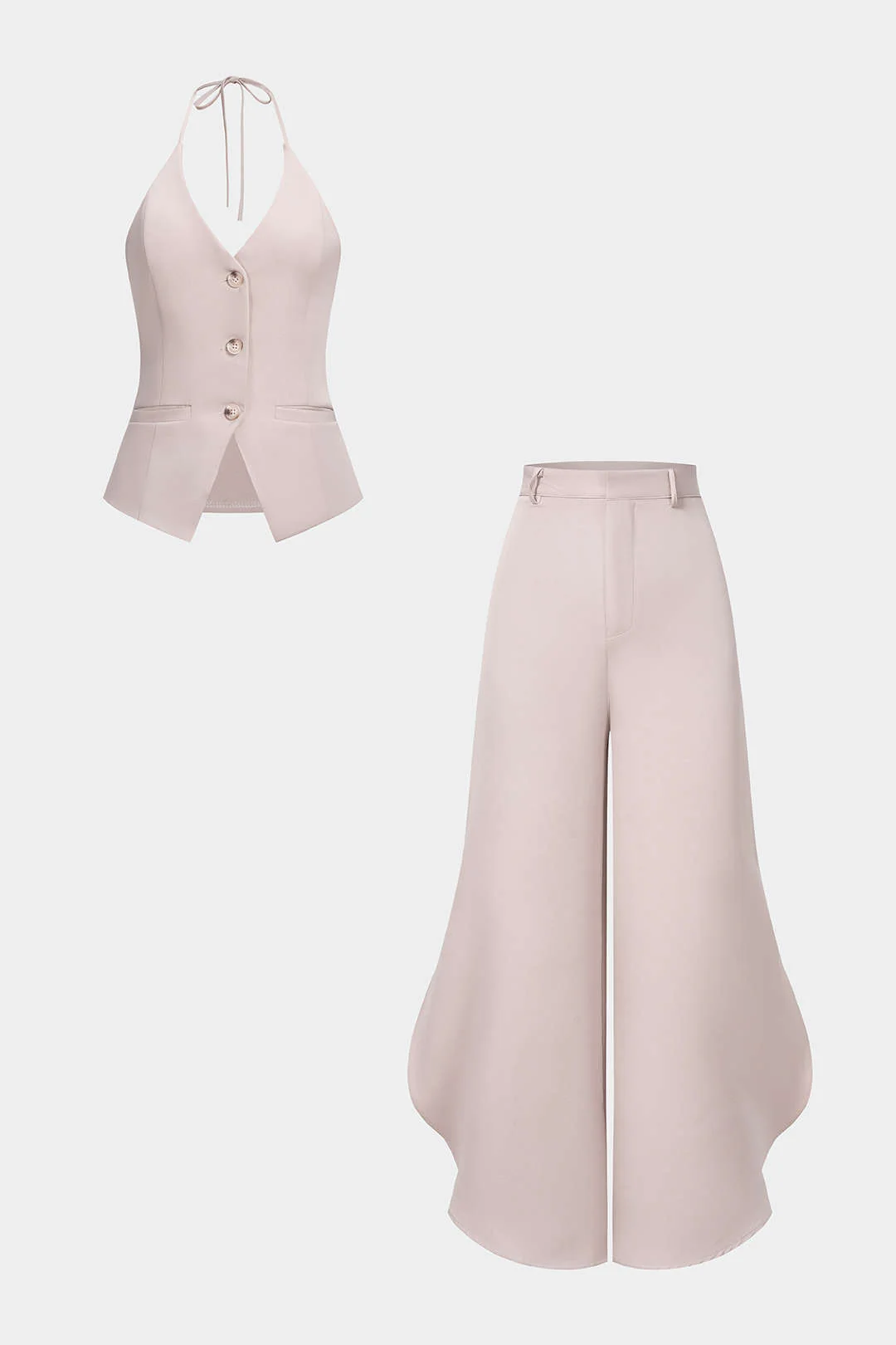 Halter V-Neck Tie-Up Button Cami Top And Side Slit Wide Leg Set