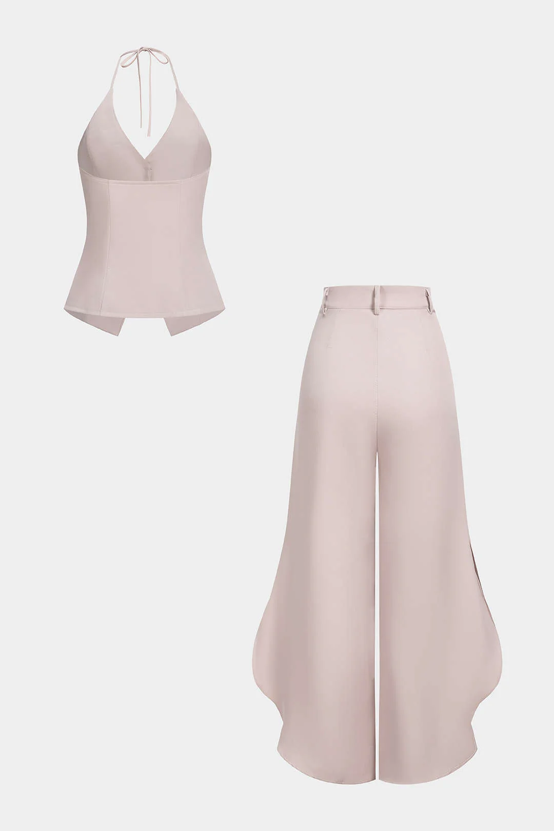 Halter V-Neck Tie-Up Button Cami Top And Side Slit Wide Leg Set - Image 2