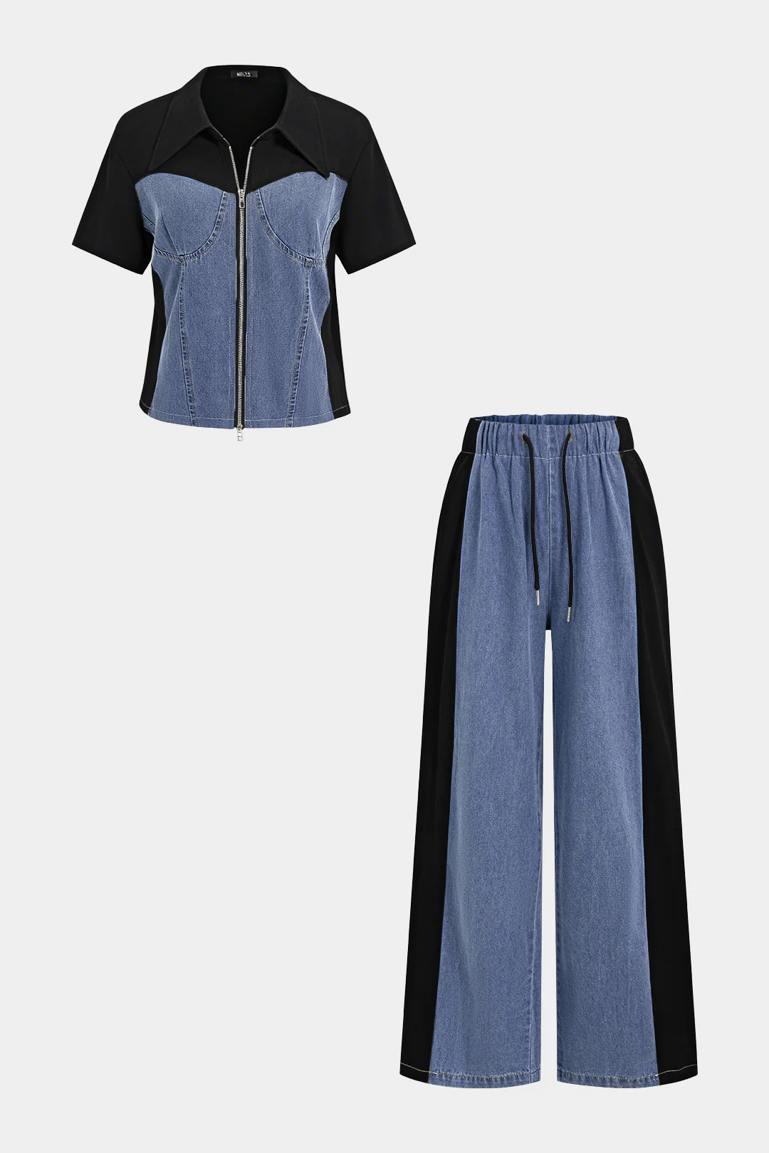 Denim Patchwork Lapel Short Sleeve Top And High Waist Wide Leg Jeans Set - Image 5