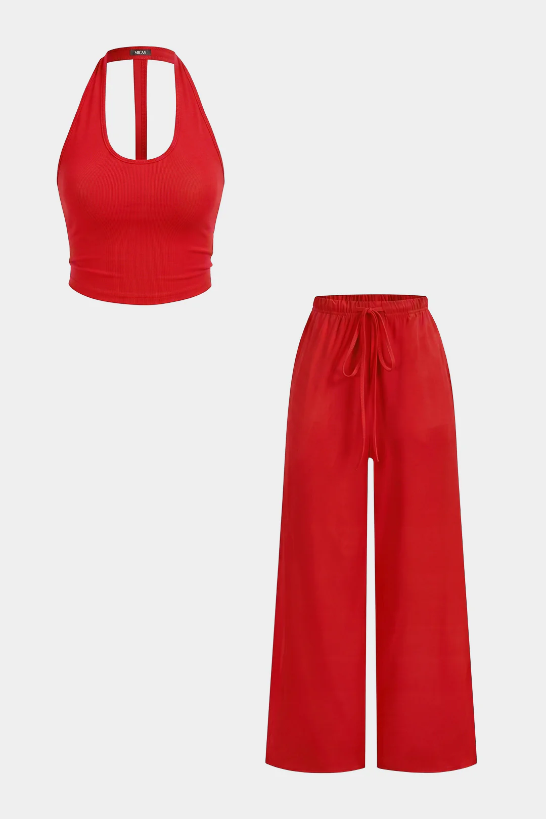 Halter Neck Tank Top And High Waist Tie-Up Wide Leg Pants Set - Image 6