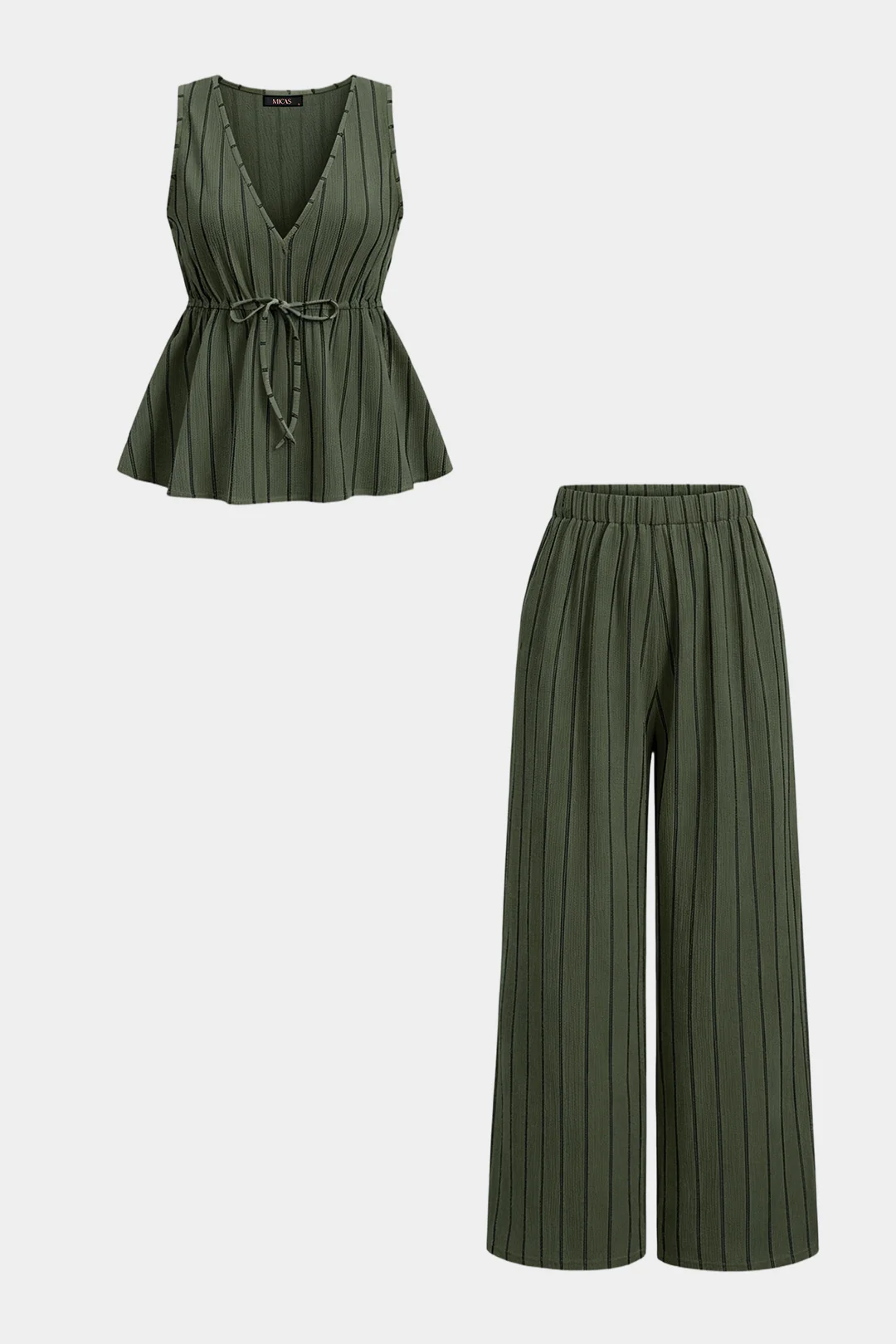 Stripes Print V-Neck Tie-Up Tank Top And High Waist Wide Leg Pants Set - Image 5