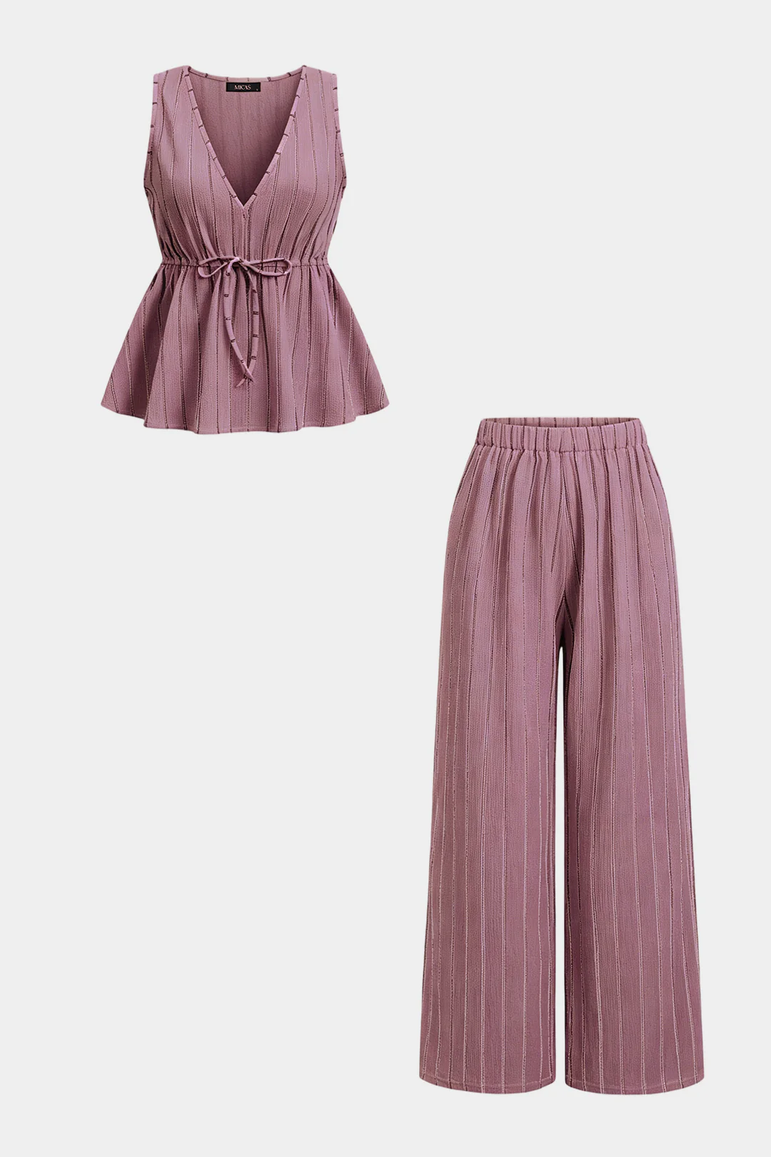 Stripes Print V-Neck Tie-Up Tank Top And High Waist Wide Leg Pants Set - Image 6