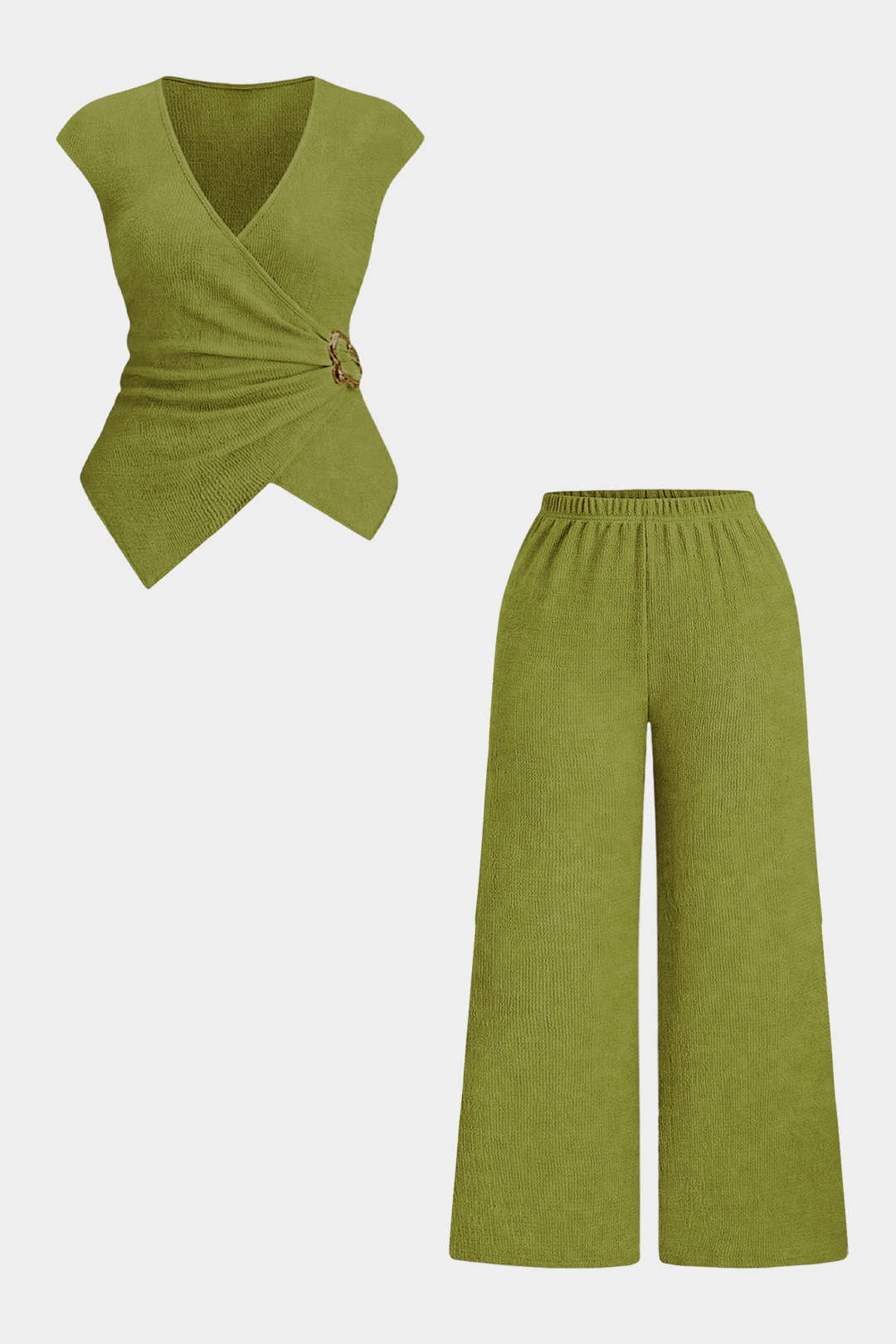 Plus Size V-Neck Wrap Tank Top And Wide Leg Pants Set