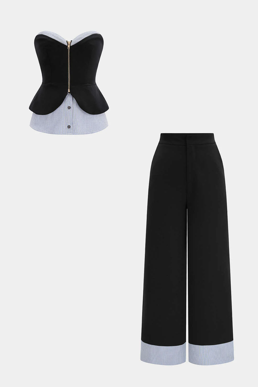 Striped Patchwork Zipper Tube Top And Straight Leg Pants - Image 2