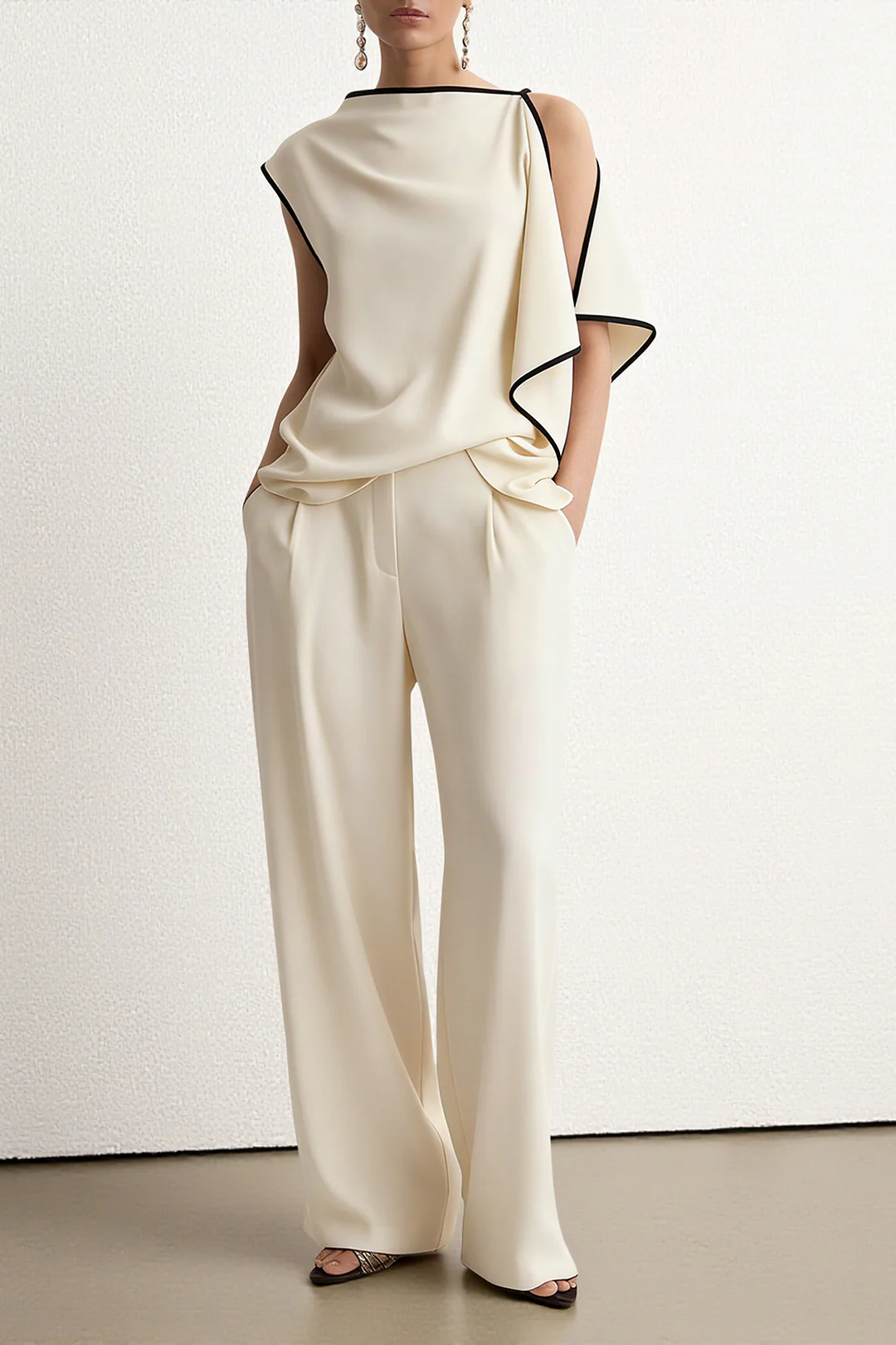 Contrast Binding Asymmetrical Tank Top And Straight Leg Pants - Image 2