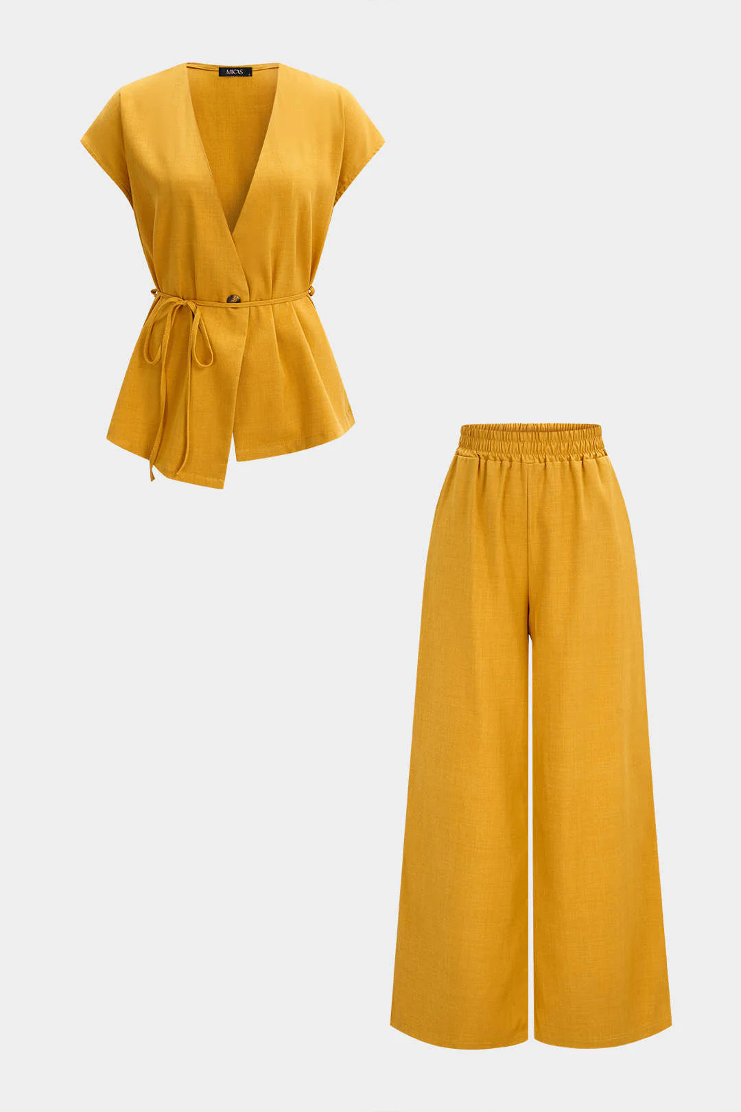 V-Neck Tie-Up Top And Shirred Waistband Wide Leg Pants Set