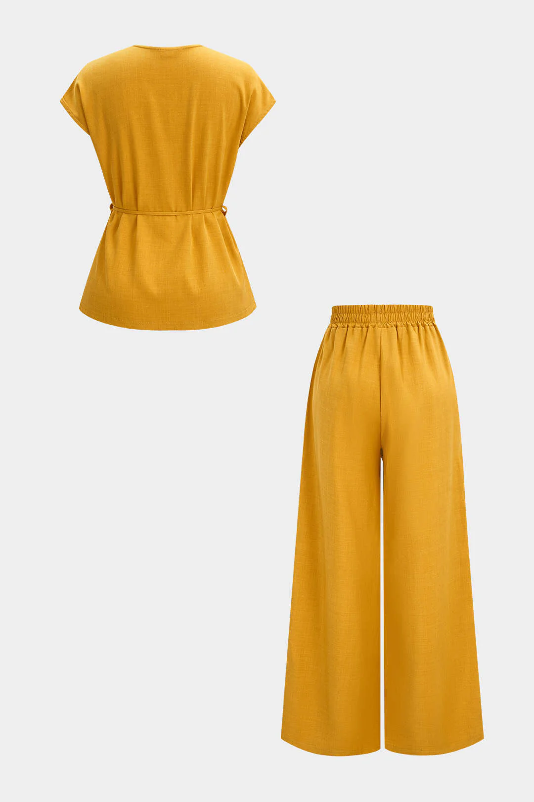 V-Neck Tie-Up Top And Shirred Waistband Wide Leg Pants Set - Image 2