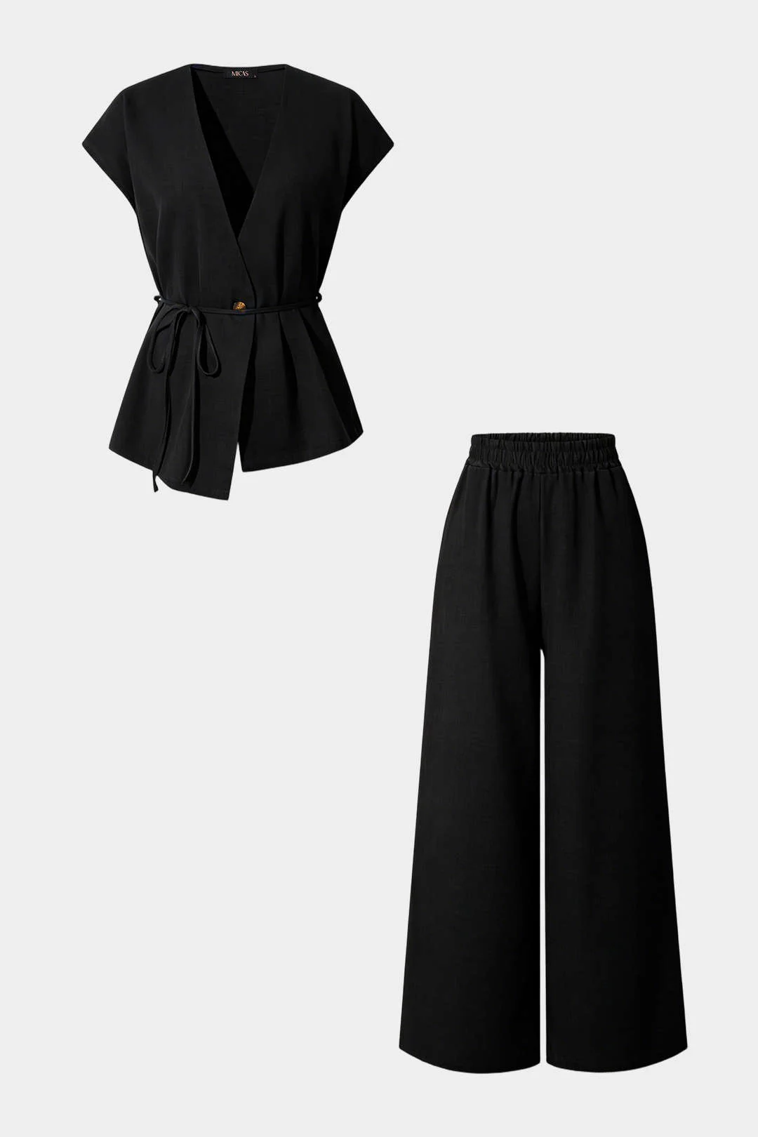 V-Neck Tie-Up Top And Shirred Waistband Wide Leg Pants Set - Image 5