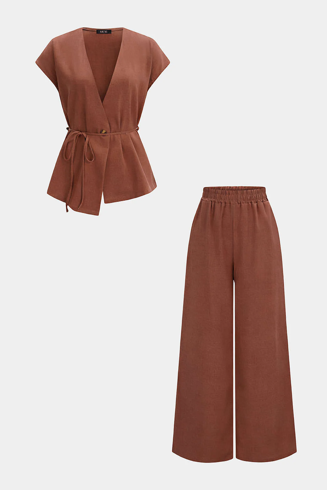 V-Neck Tie-Up Top And Shirred Waistband Wide Leg Pants Set - Image 6