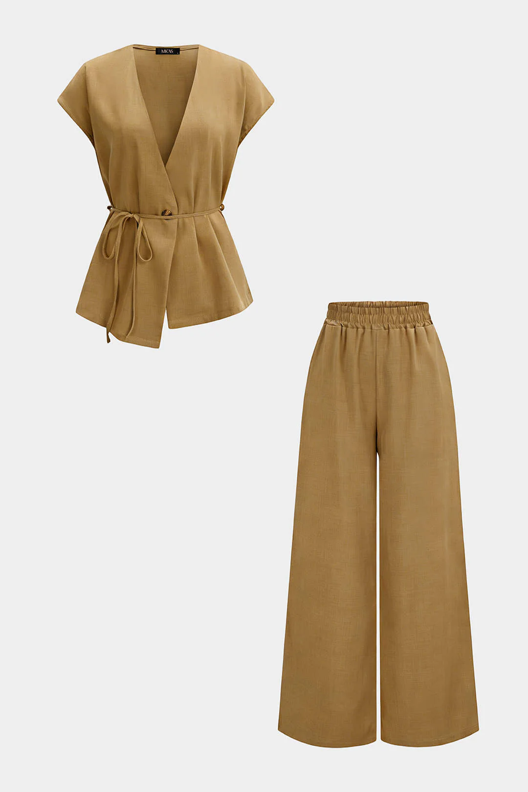 V-Neck Tie-Up Top And Shirred Waistband Wide Leg Pants Set - Image 7