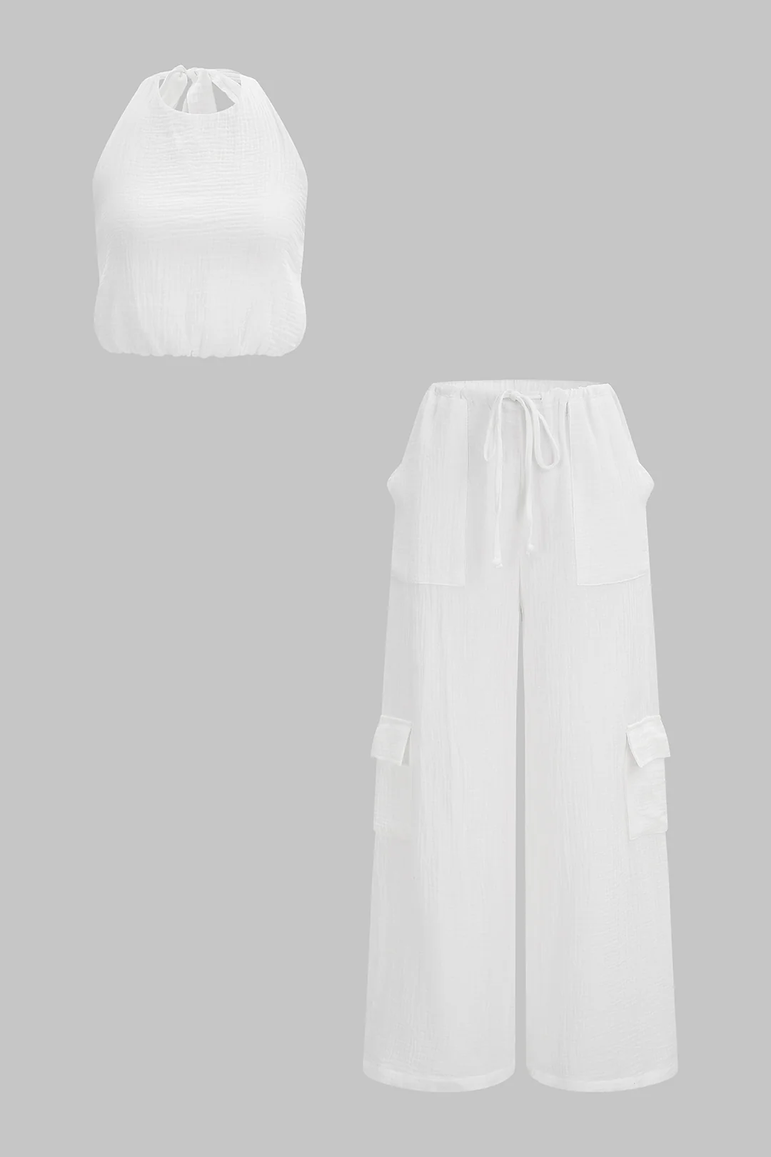 Round Neck Backless Tank Top And Drawstring Pocket Wide Leg Pants Set