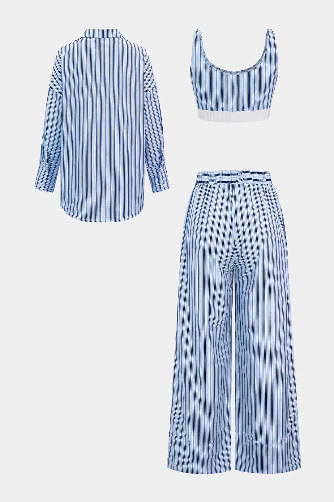 Stripes Print Cropped Tank Top And Long Sleeve Shirt And Drawstring Wide Leg Pants Set - Image 2
