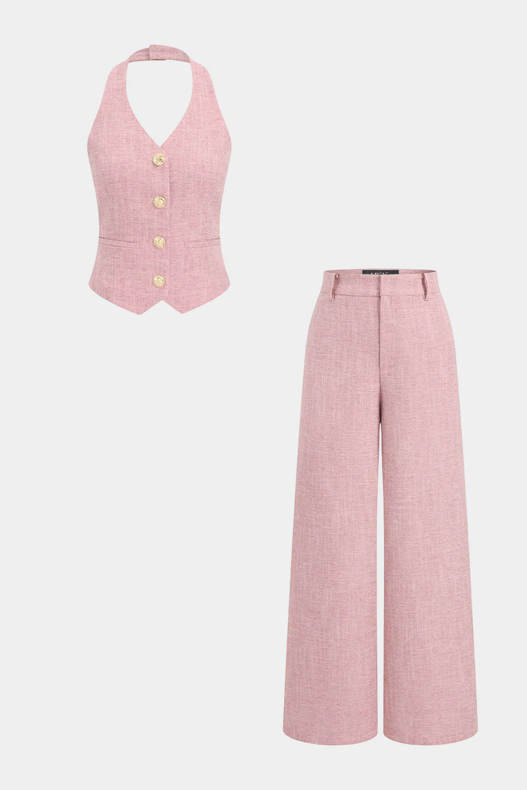 Linen Halter Neck Button Vest And High Waist Wide-Leg Pants Set