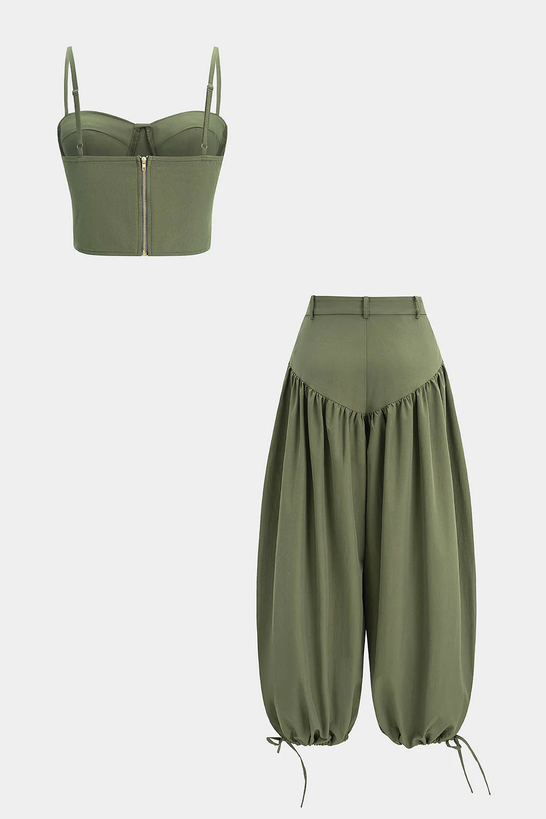 Solid Zipper Cami Top And Round Drawstring Balloon Pants Set - Image 2