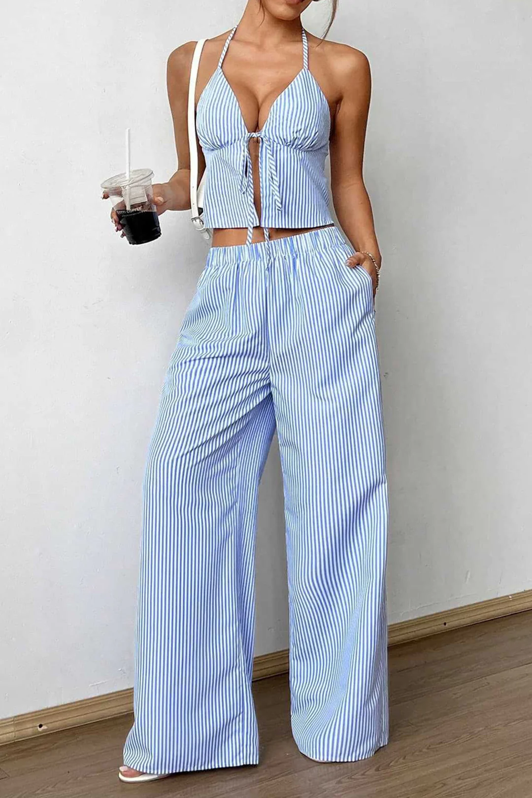 Stripes Print Halter Neck Tie-Up Cami Top And Wide Leg Pants Set