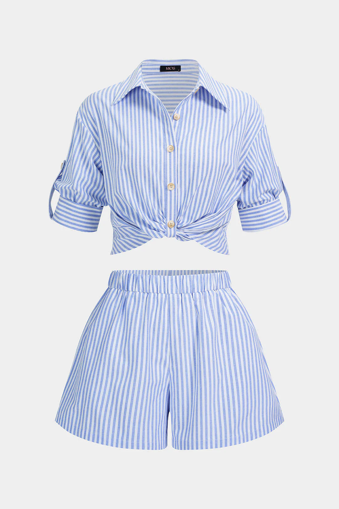 Stripes Print Tie Front Button Shirt And Wide Leg Shorts Set