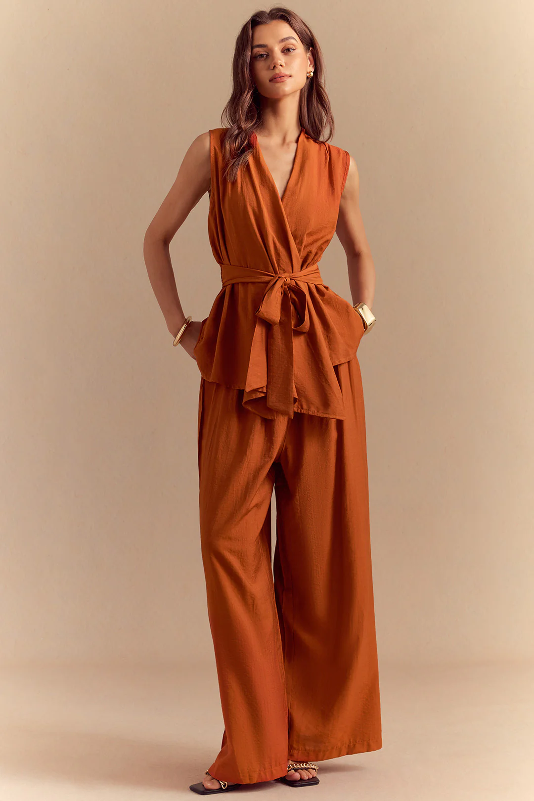 Solid Tie-Up Tank Top And Wide Leg Pants Set