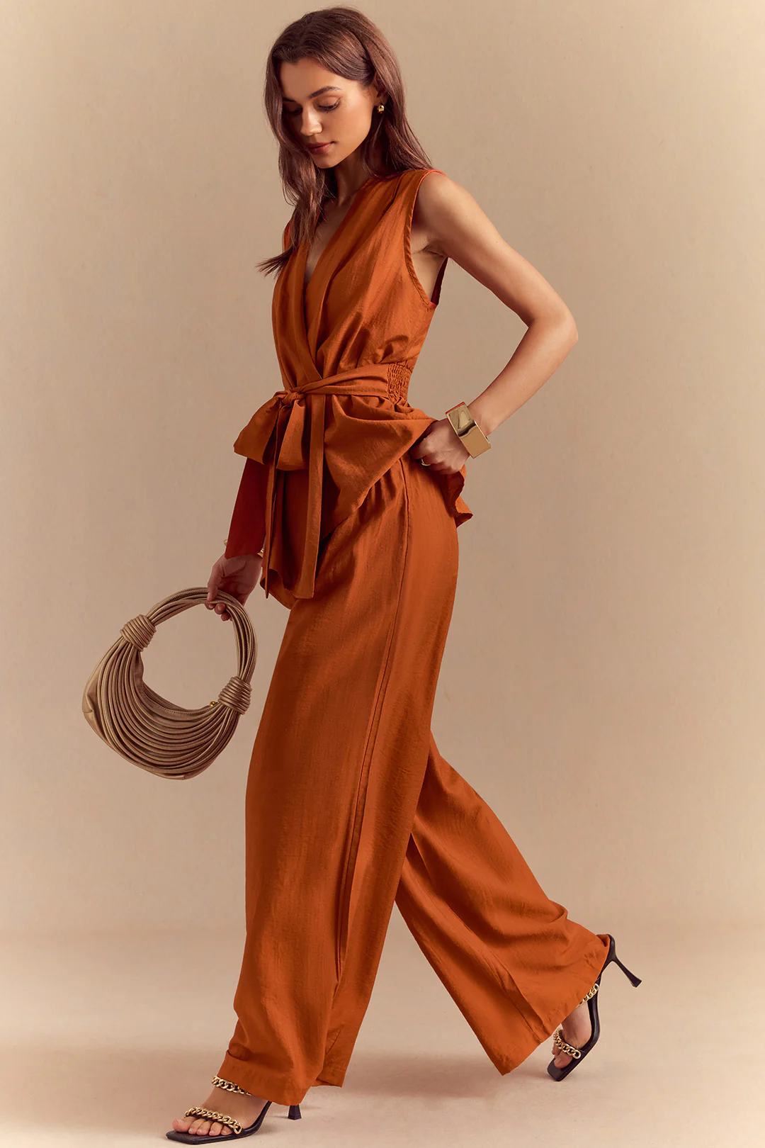 Solid Tie-Up Tank Top And Wide Leg Pants Set - Image 7