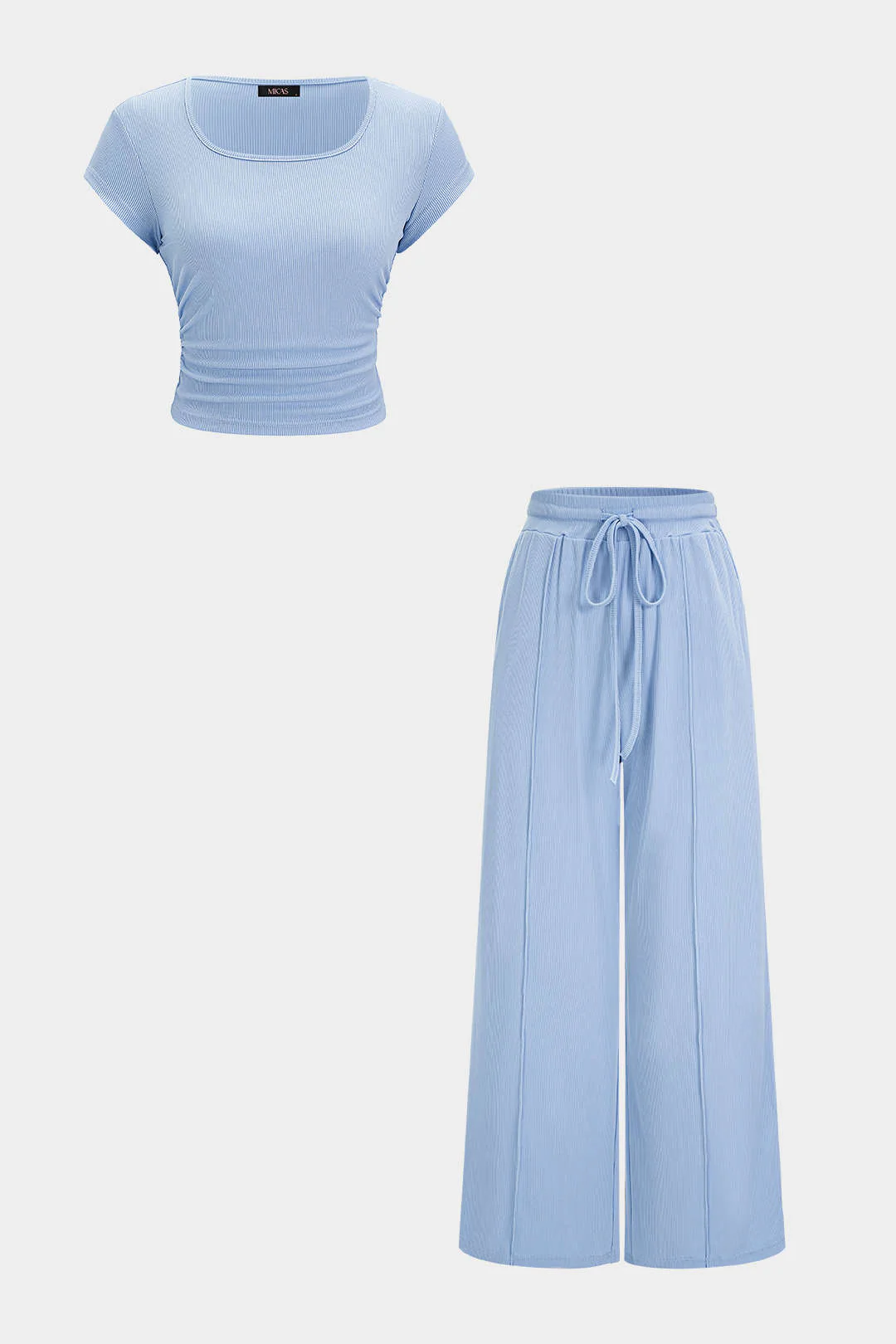 Solid Round Neck Short Sleeve Top And High Waist Wide Leg Pants Set