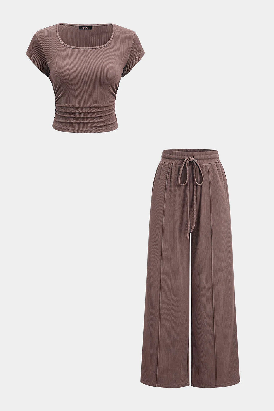 Solid Round Neck Short Sleeve Top And High Waist Wide Leg Pants Set - Image 10