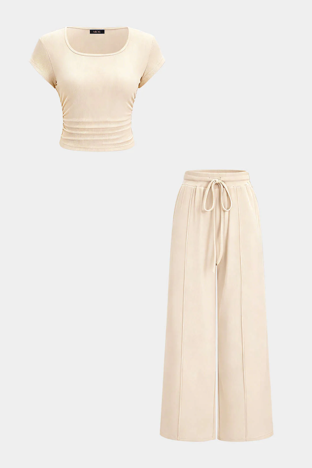 Solid Round Neck Short Sleeve Top And High Waist Wide Leg Pants Set - Image 11