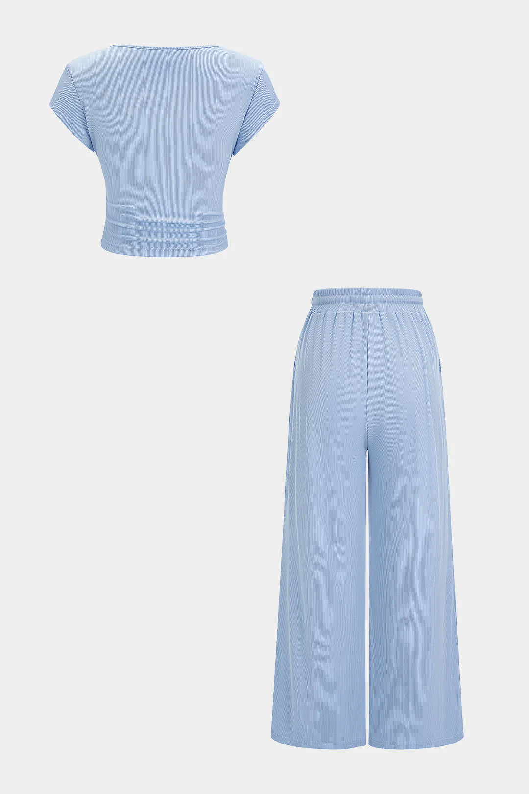 Solid Round Neck Short Sleeve Top And High Waist Wide Leg Pants Set - Image 2