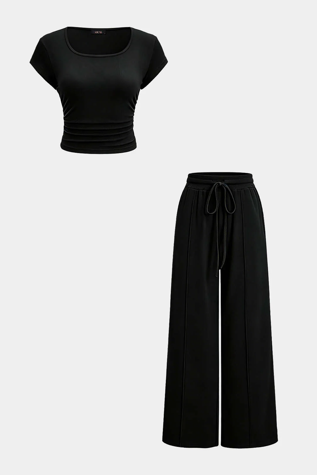 Solid Round Neck Short Sleeve Top And High Waist Wide Leg Pants Set - Image 5