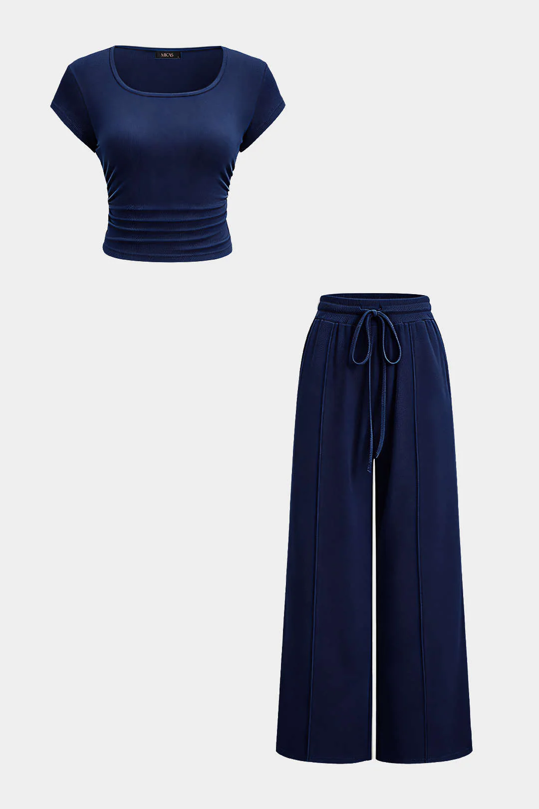 Solid Round Neck Short Sleeve Top And High Waist Wide Leg Pants Set - Image 6