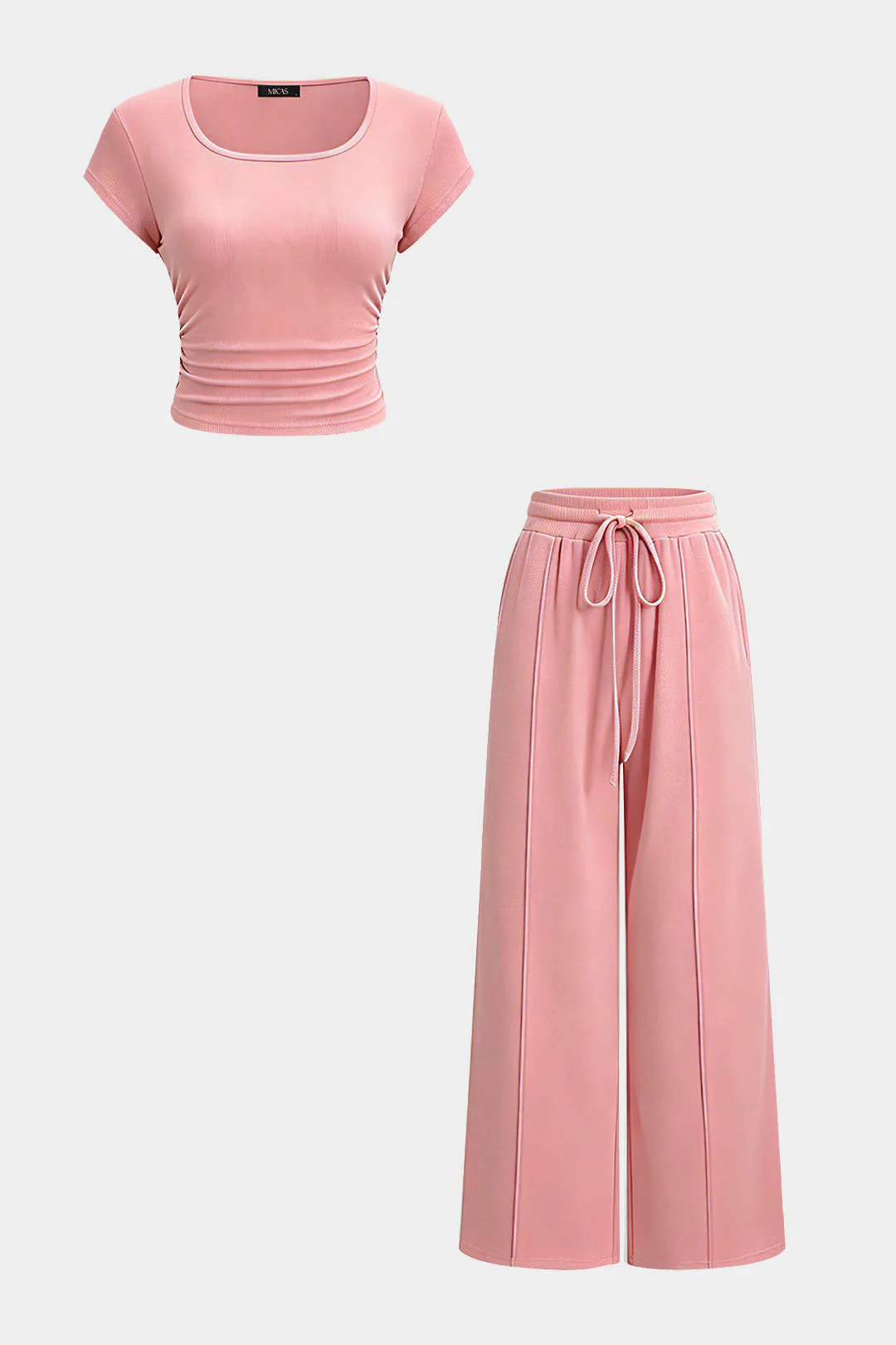 Solid Round Neck Short Sleeve Top And High Waist Wide Leg Pants Set - Image 7